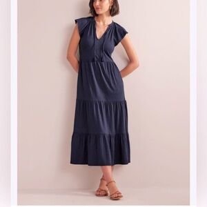 BODEN Navy Blue Midi Tierred Dress Short Sleeves Size 8P 8 Petite Relaxed Fit